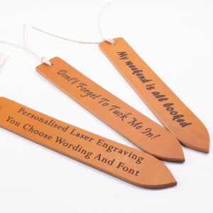 personalised laser engraving bookmarks in brown made from high quality premium vegetable tanned leather for heat pressed leather bookmarks