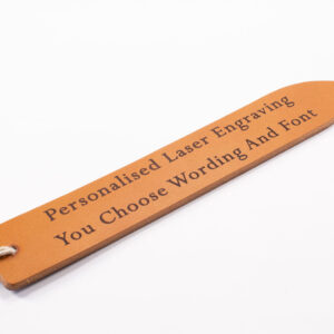 Laser engraved leather bookmark made from Full-grain European Leather made in Sweden tanned in Italy. Choose your own font and text size for a custom bookmark in European leather