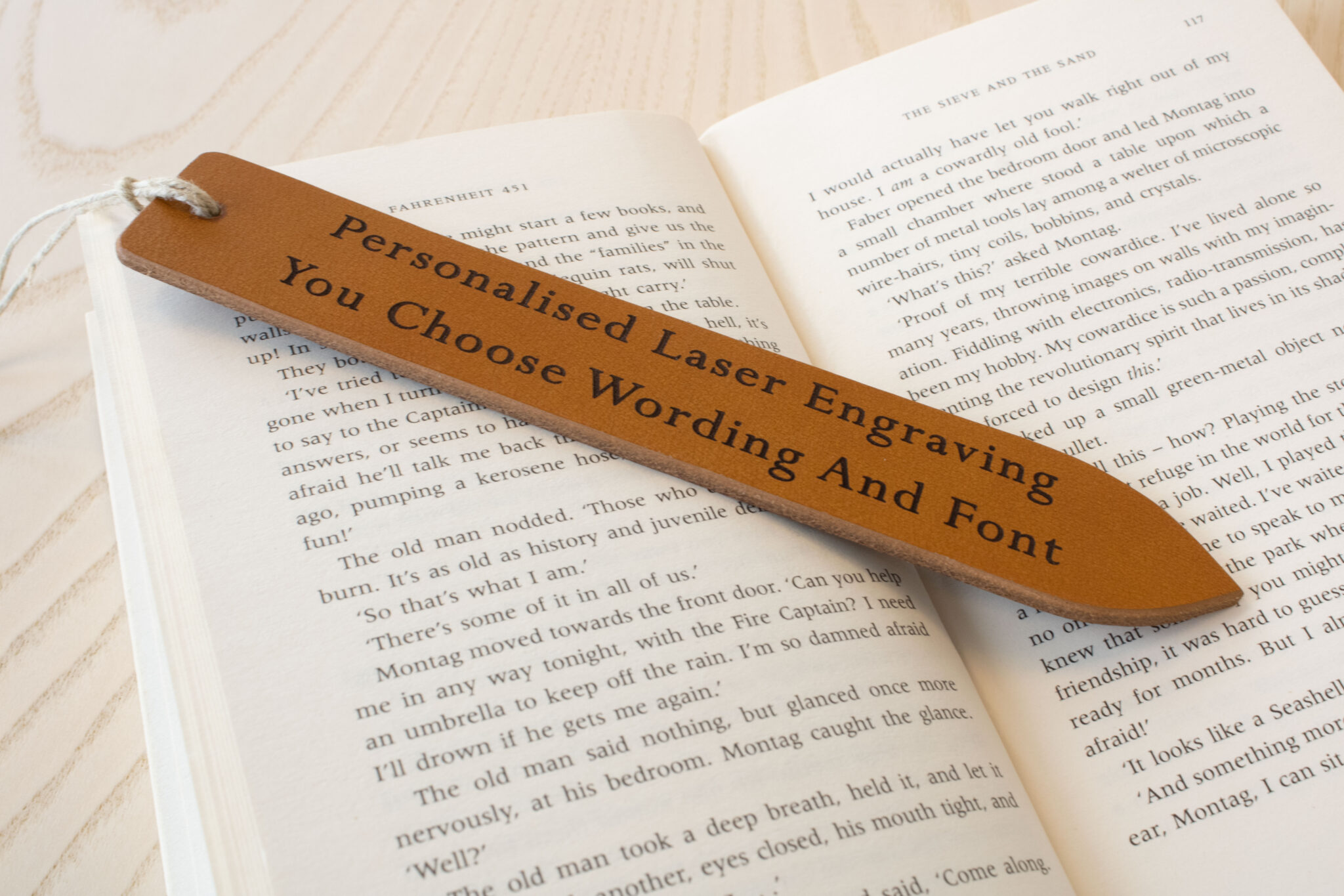 Laser engraved leather bookmark made from Full-grain European Leather made in Sweden tanned in Italy